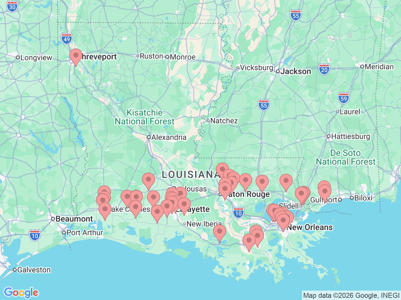 Map of Ochsner-affiliated facilities that provide services related to Family Medicine
