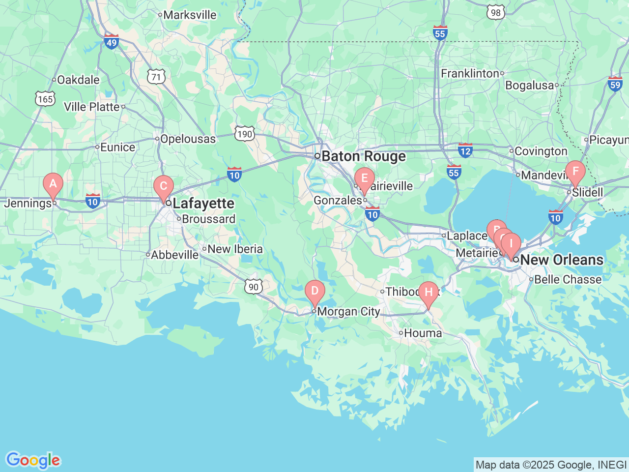 Map of Ochsner-affiliated facilities that provide services related to Female Pelvic Health