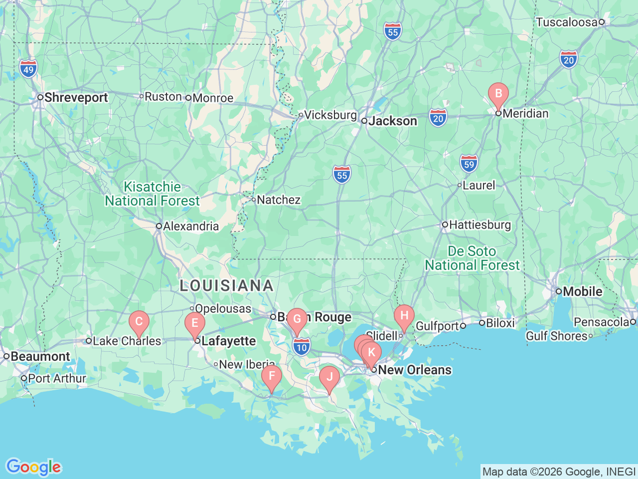 Map of Ochsner-affiliated facilities that provide services related to Female Pelvic Health
