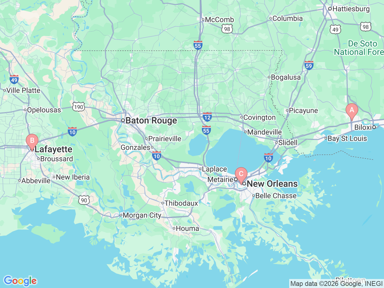Map of Ochsner-affiliated facilities that provide services related to Fetal Cardiology
