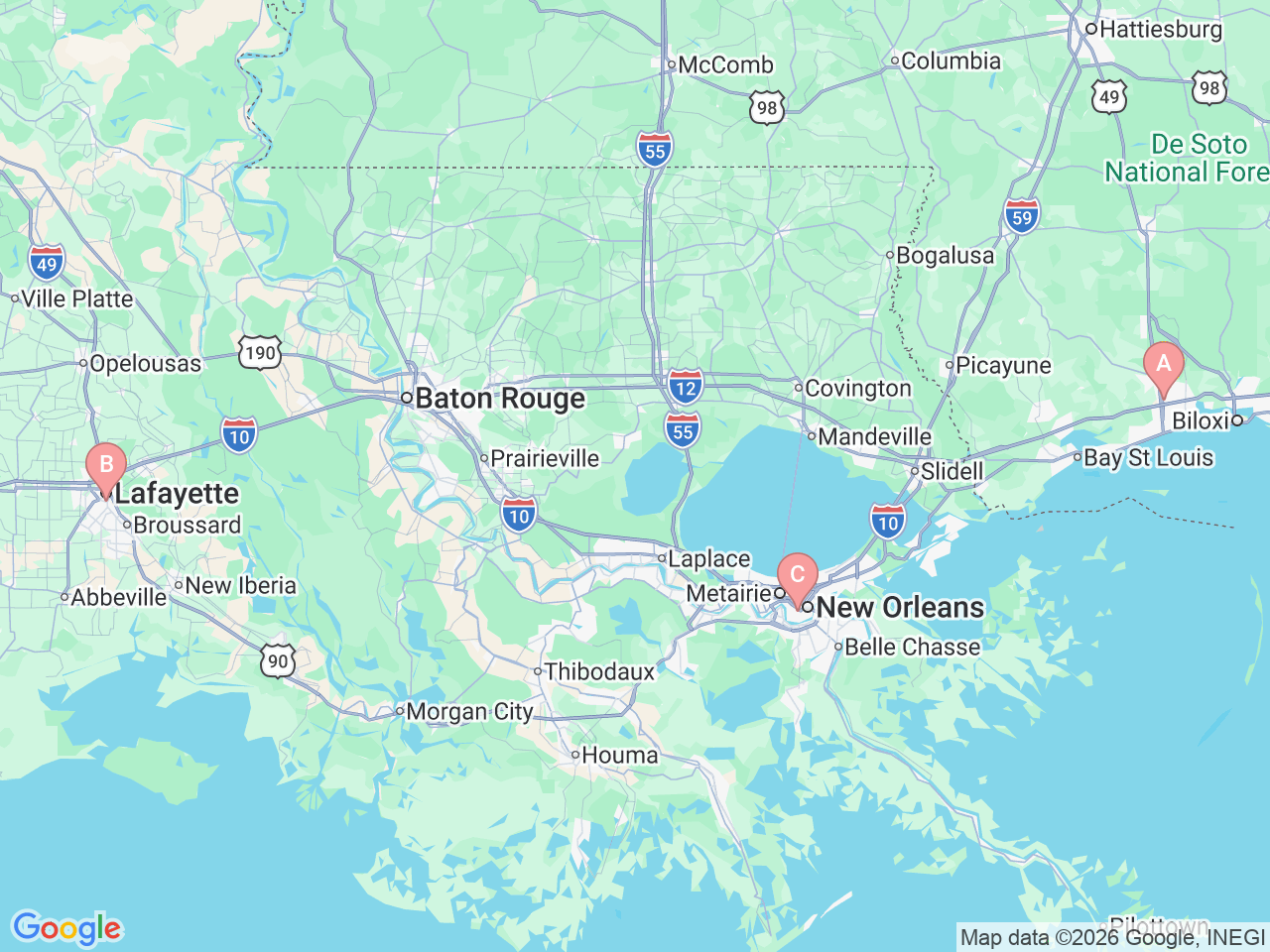 Map of Ochsner-affiliated facilities that provide services related to Fetal Cardiology