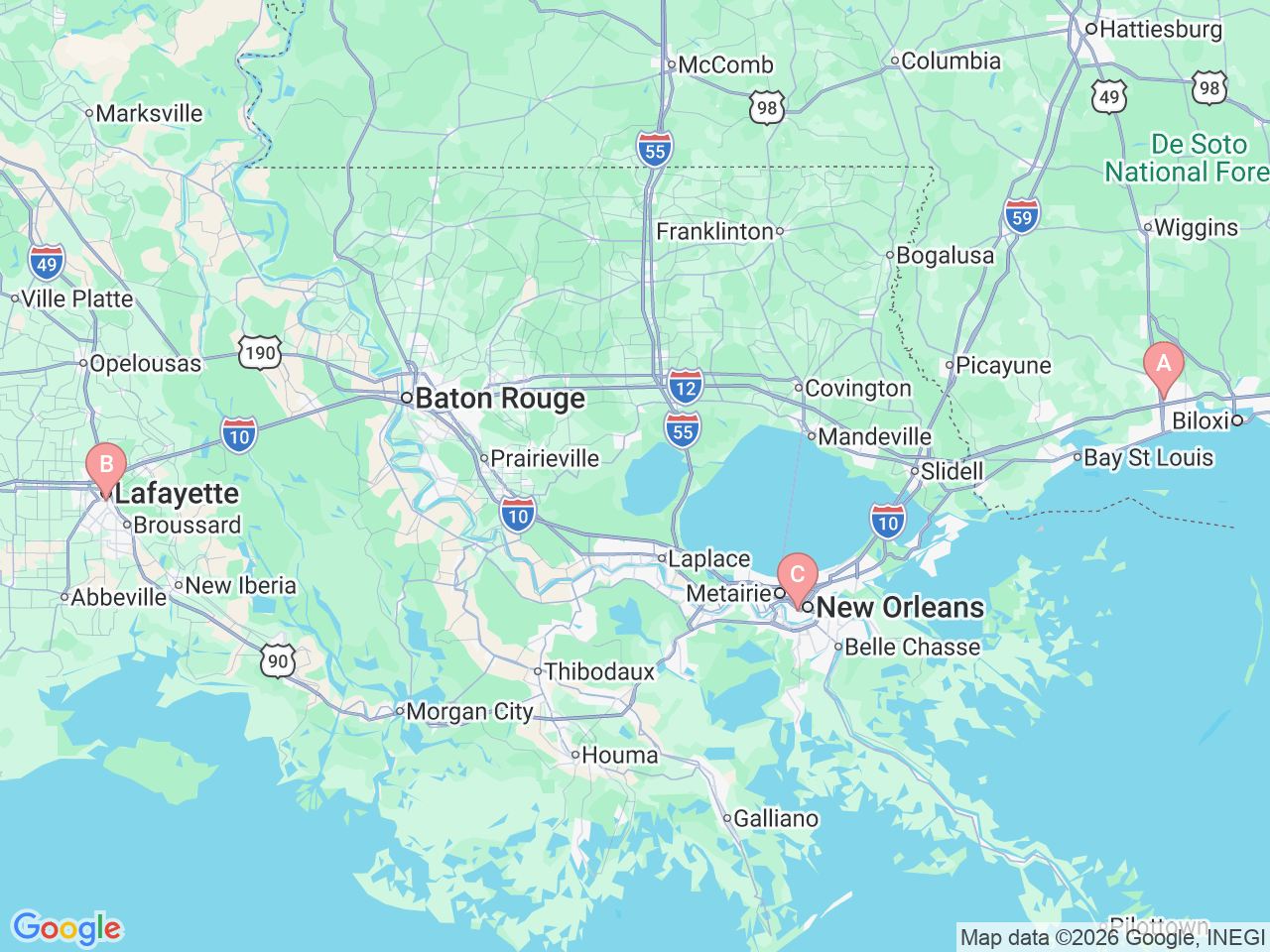 Map of Ochsner-affiliated facilities that provide services related to Fetal Cardiology