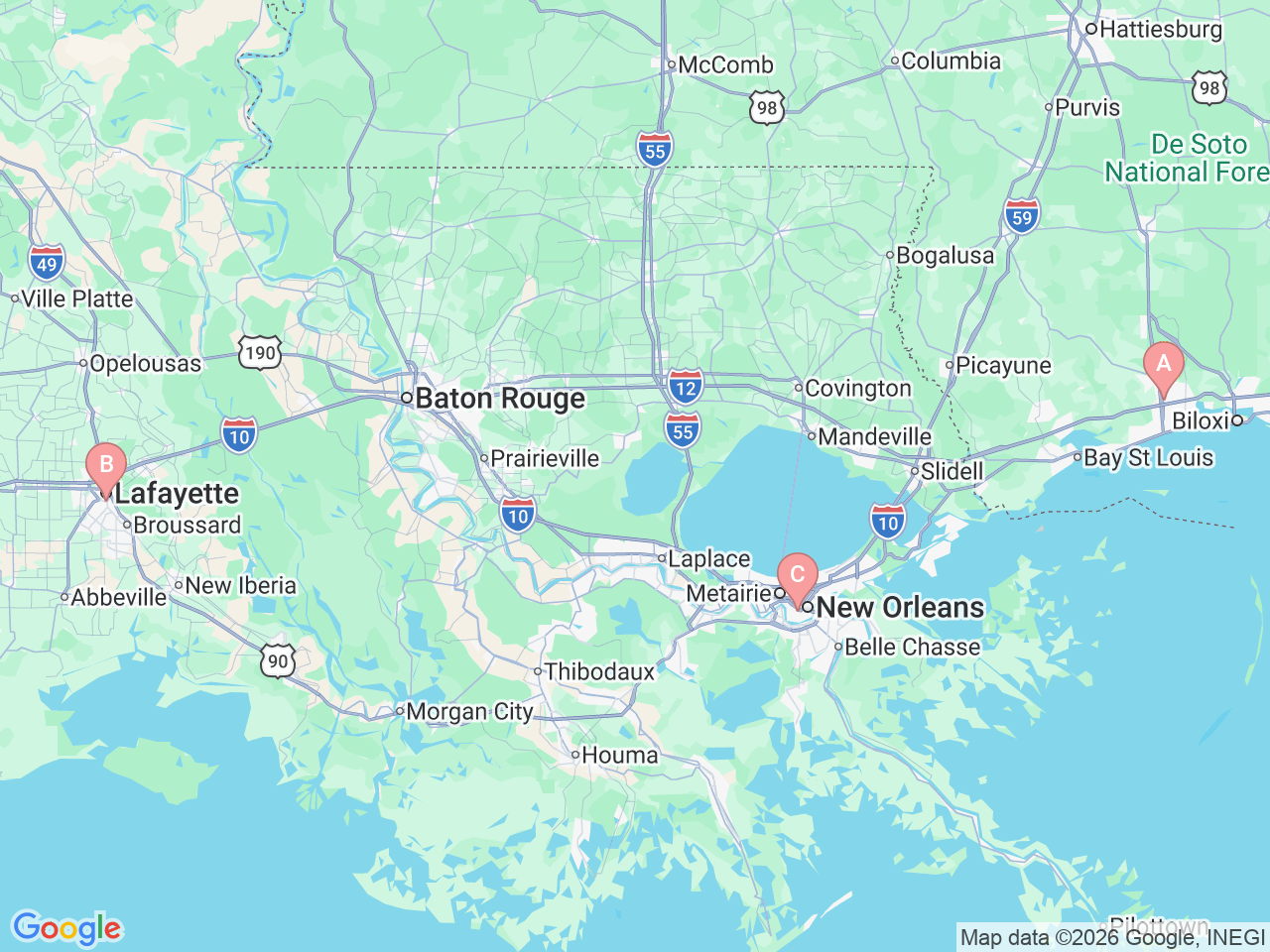 Map of Ochsner-affiliated facilities that provide services related to Fetal Cardiology