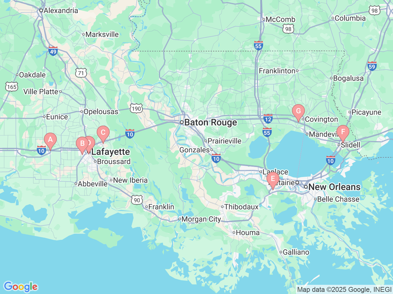 Map of Ochsner-affiliated facilities that provide services related to Foot and Ankle