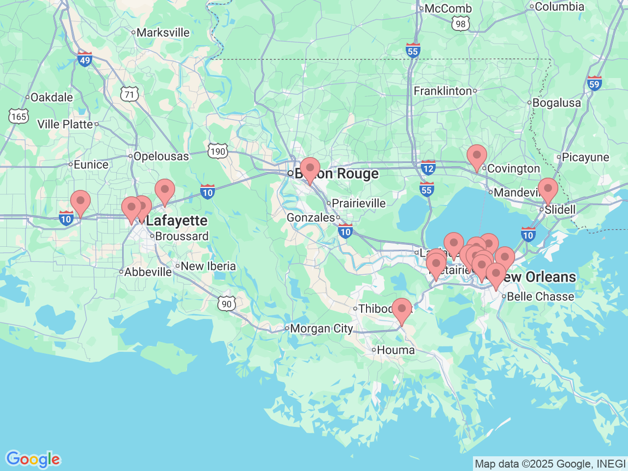 Map of Ochsner-affiliated facilities that provide services related to Foot and Ankle