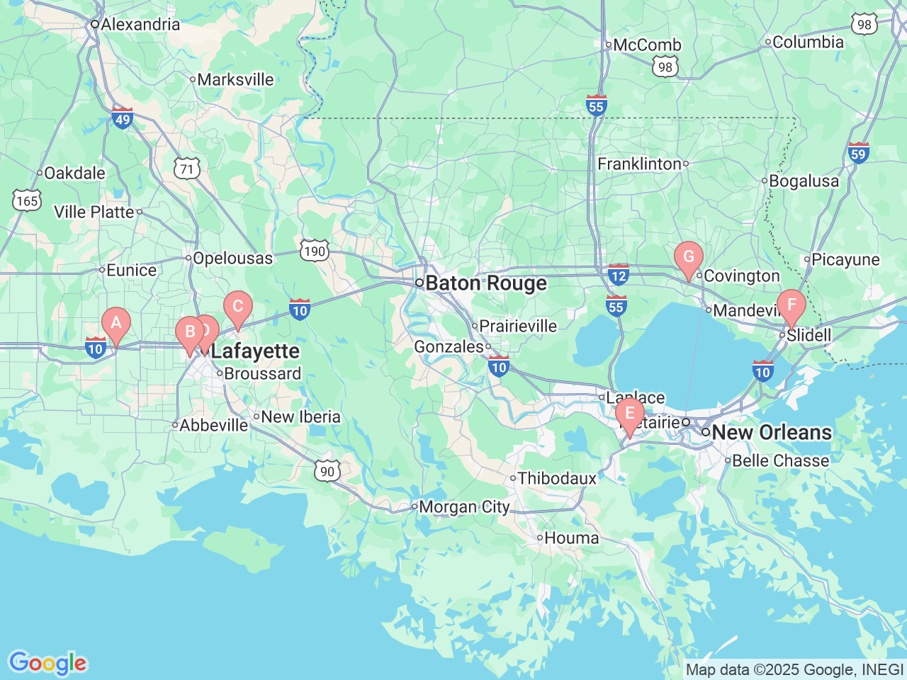 Map of Ochsner-affiliated facilities that provide services related to Foot and Ankle