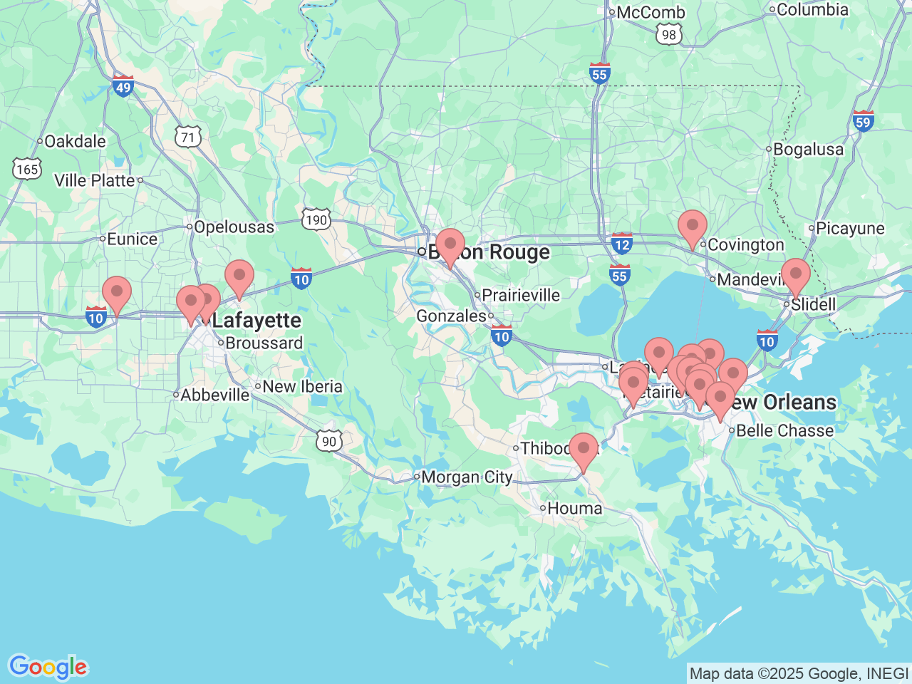 Map of Ochsner-affiliated facilities that provide services related to Foot and Ankle