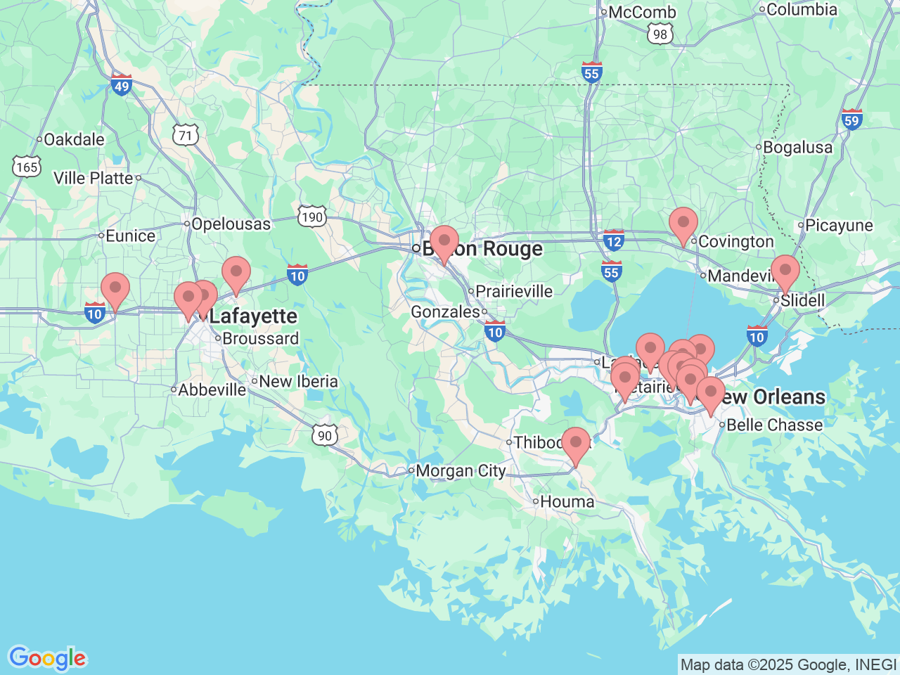 Map of Ochsner-affiliated facilities that provide services related to Foot and Ankle