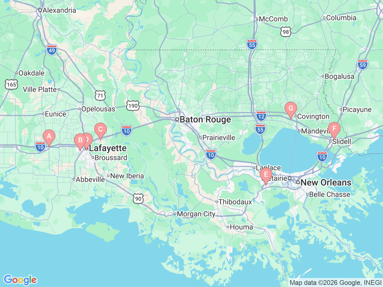 Map of Ochsner-affiliated facilities that provide services related to Foot and Ankle