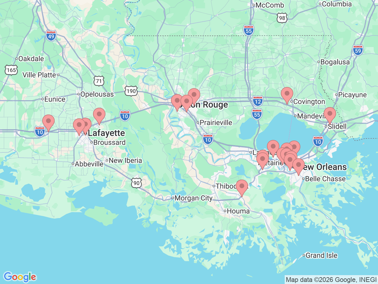 Map of Ochsner-affiliated facilities that provide services related to Foot and Ankle