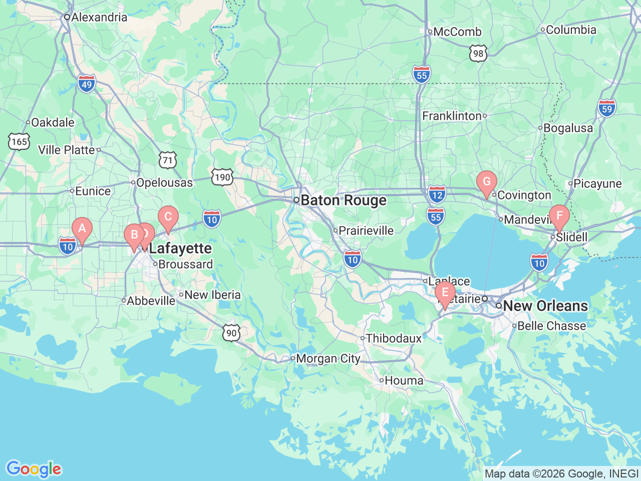 Map of Ochsner-affiliated facilities that provide services related to Foot and Ankle