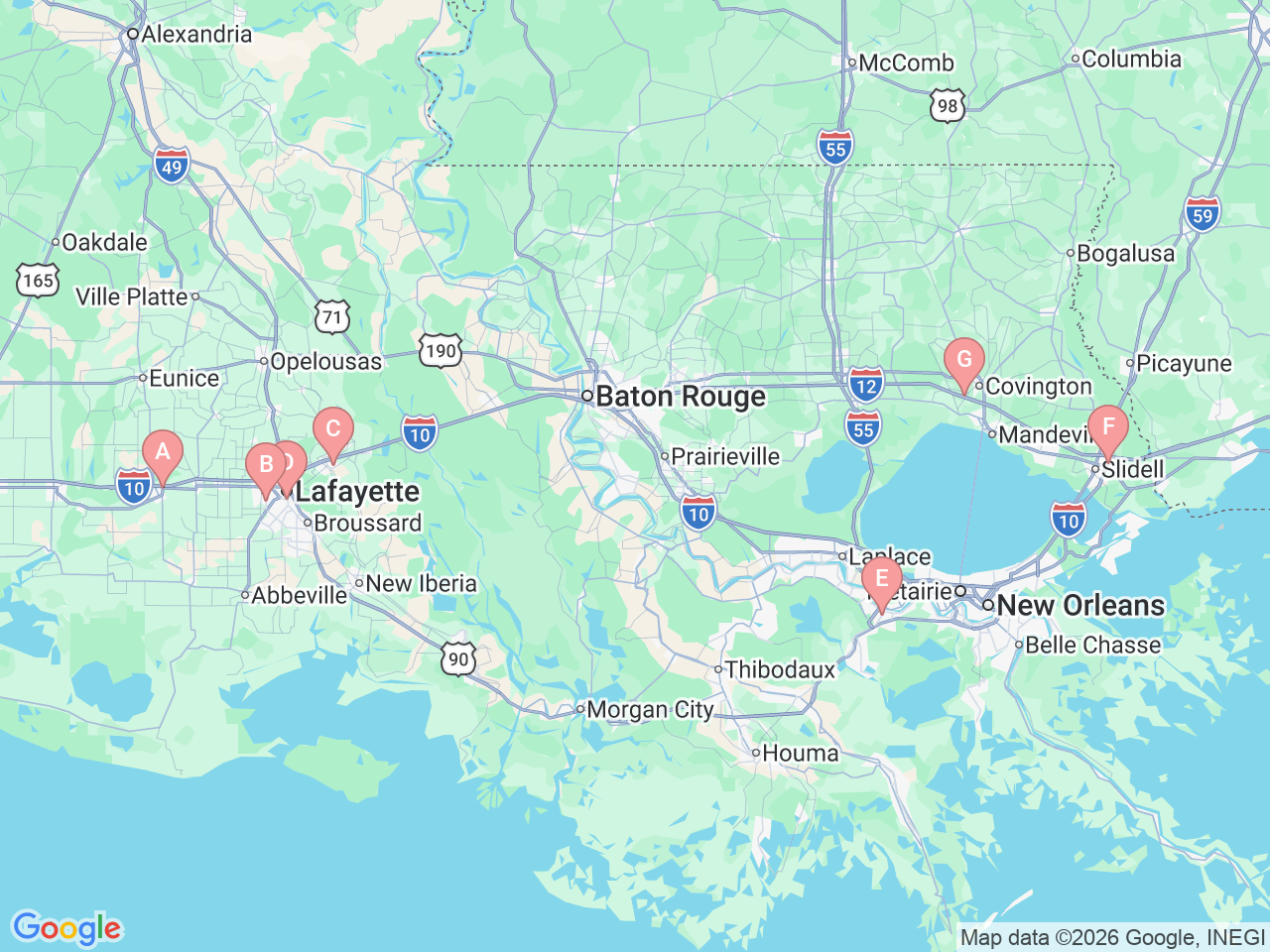 Map of Ochsner-affiliated facilities that provide services related to Foot and Ankle
