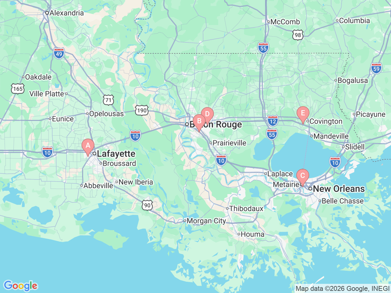 Map of Ochsner-affiliated facilities that provide services related to Fracture Care Clinic (Osteoporosis Care)