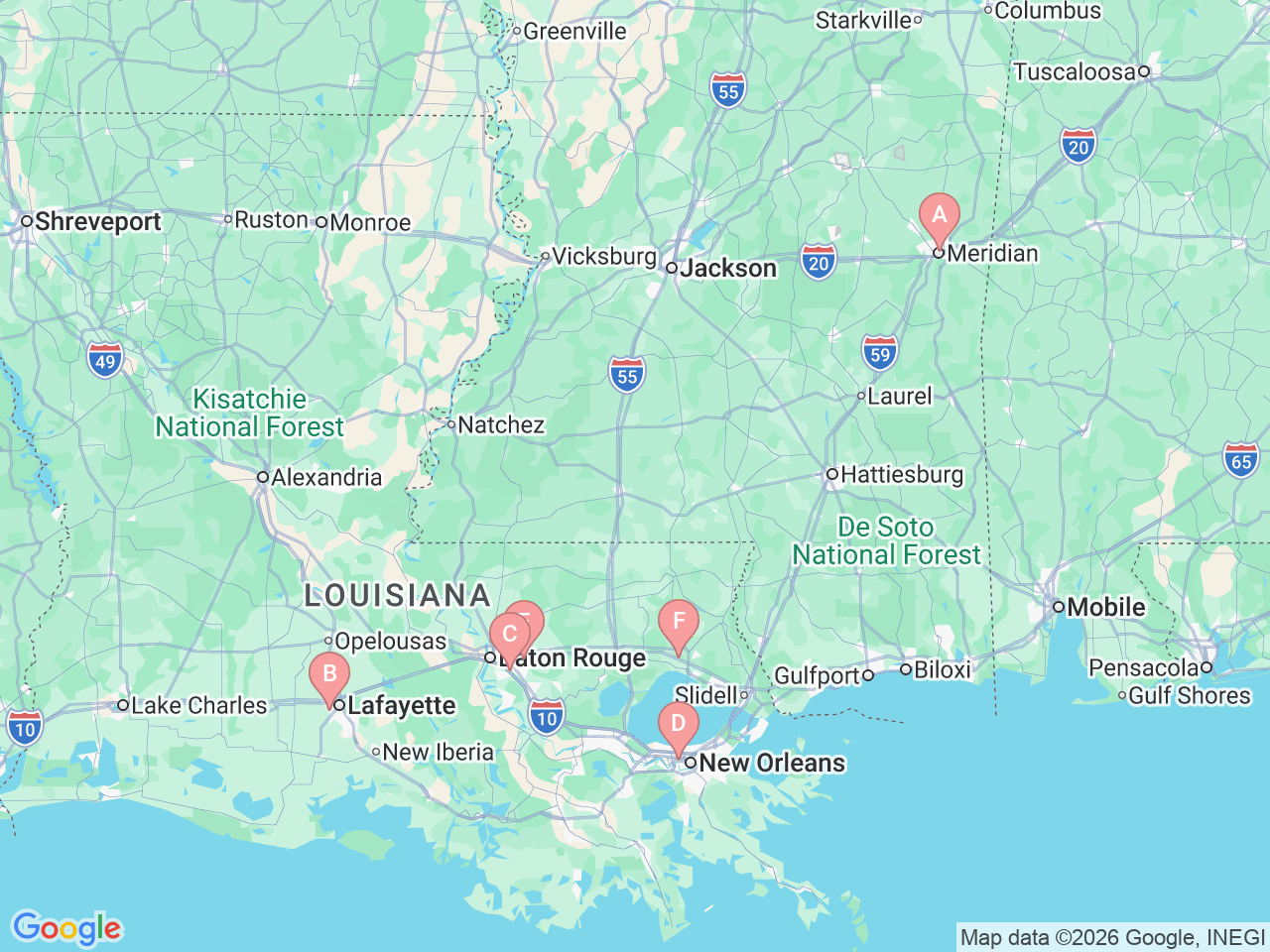 Map of Ochsner-affiliated facilities that provide services related to Fracture Care Clinic (Osteoporosis Care)