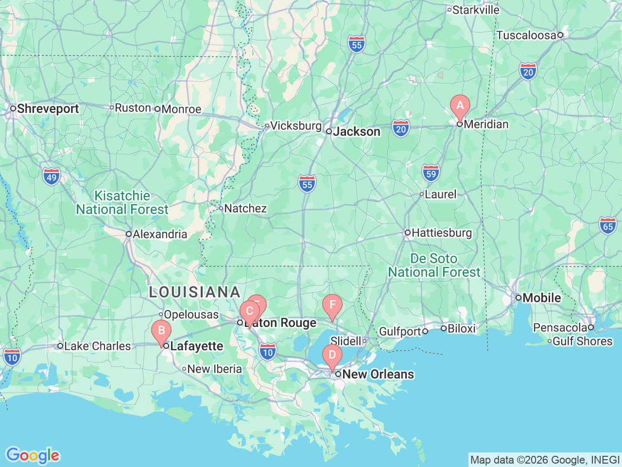 Map of Ochsner-affiliated facilities that provide services related to Fracture Care Clinic (Osteoporosis Care)