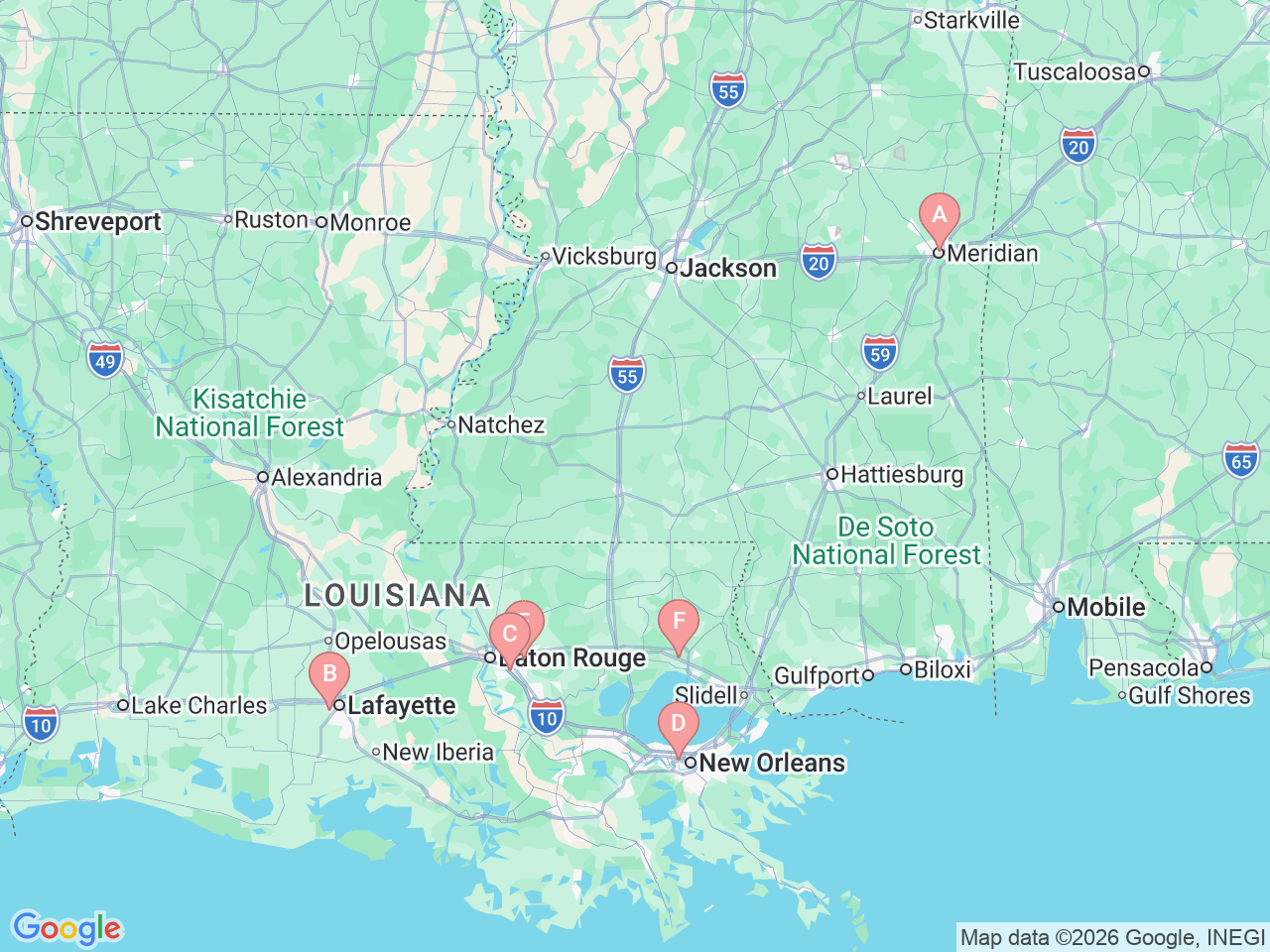 Map of Ochsner-affiliated facilities that provide services related to Fracture Care Clinic (Osteoporosis Care)