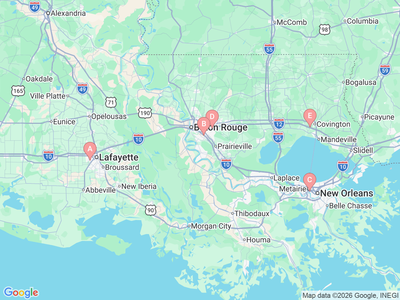 Map of Ochsner-affiliated facilities that provide services related to Fracture Care Clinic (Osteoporosis Care)