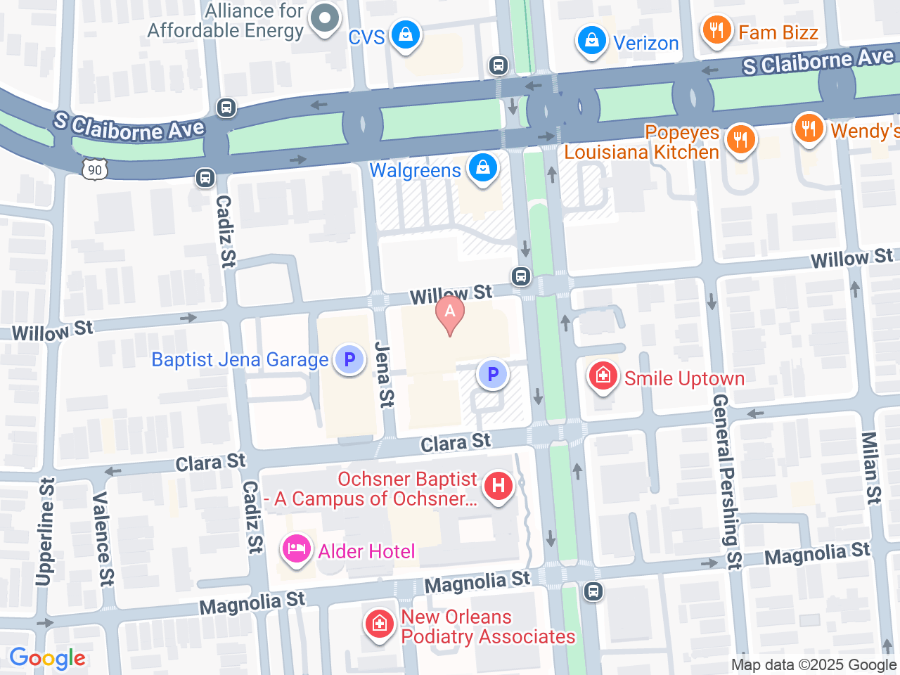 Map of Ochsner-affiliated facilities that provide services related to Functional Restoration Program at Ochsner Baptist