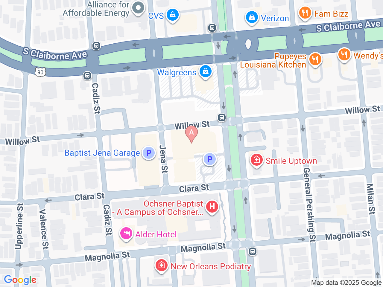 Map of Ochsner-affiliated facilities that provide services related to Functional Restoration Program at Ochsner Baptist