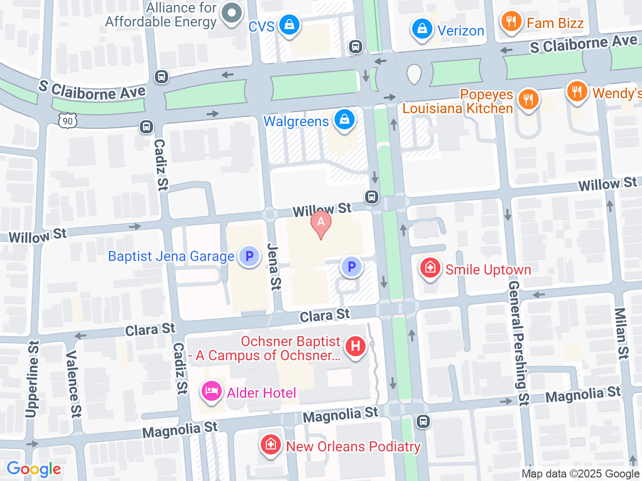 Map of Ochsner-affiliated facilities that provide services related to Functional Restoration Program at Ochsner Baptist