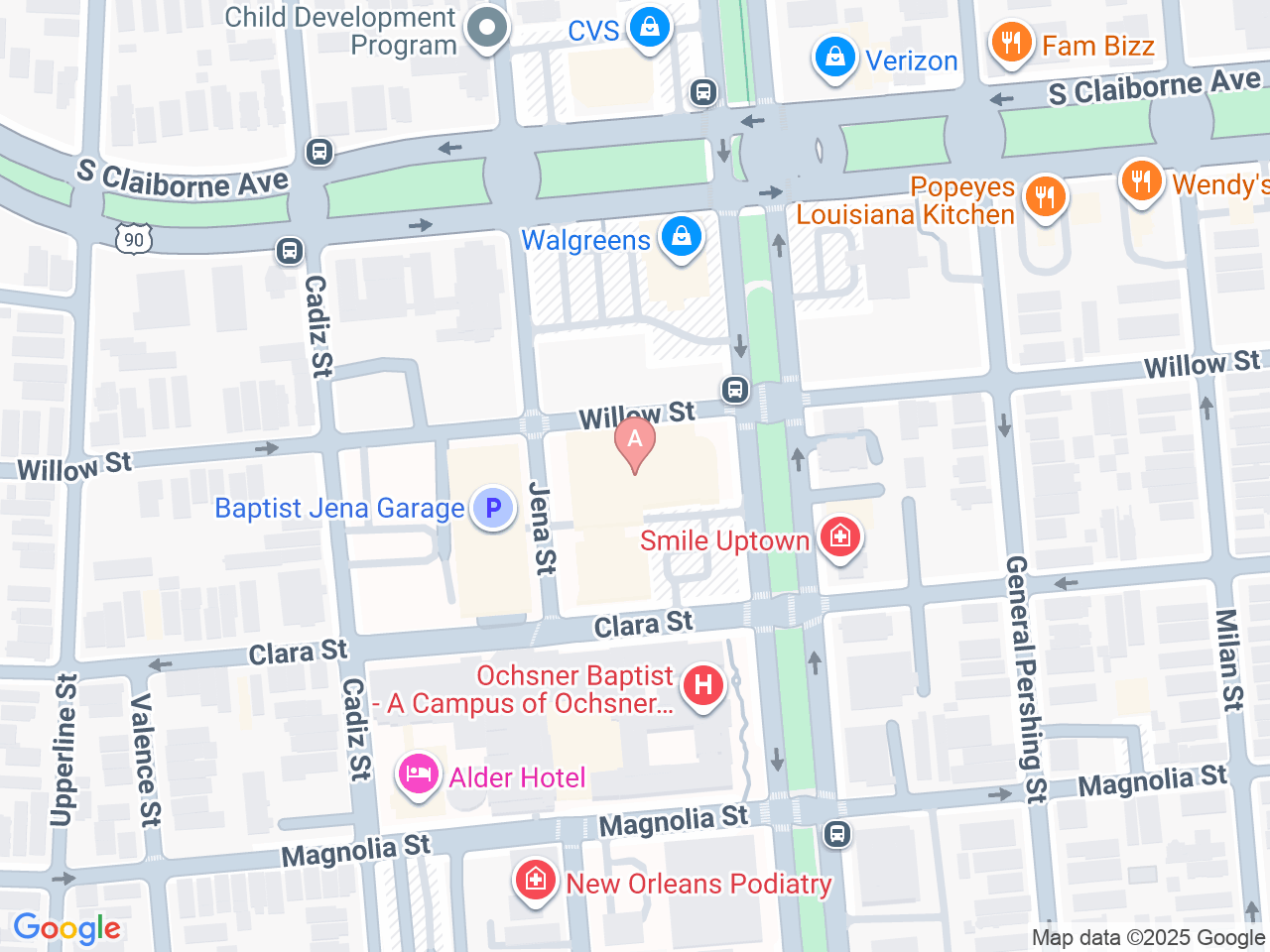 Map of Ochsner-affiliated facilities that provide services related to Functional Restoration Program at Ochsner Baptist