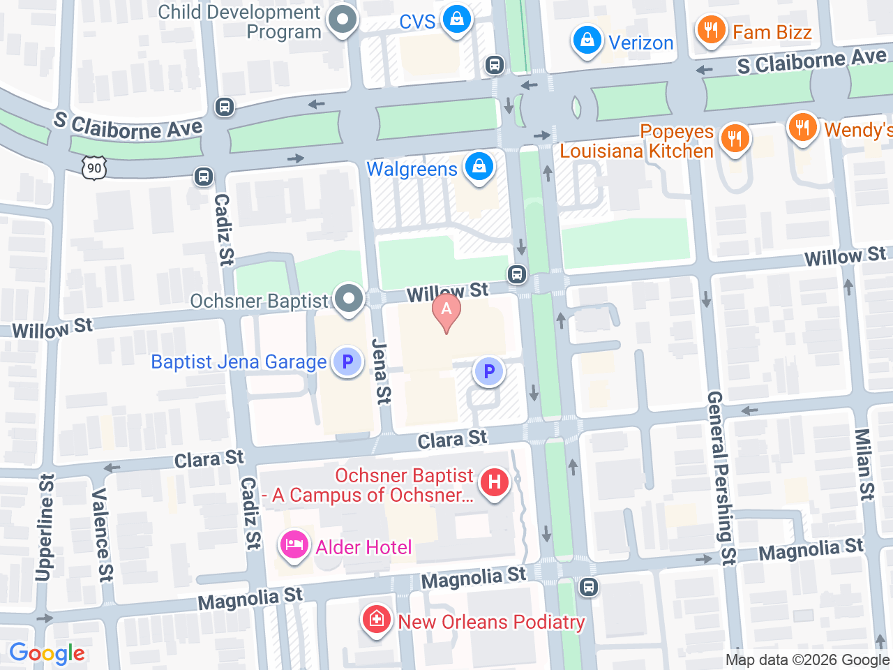 Map of Ochsner-affiliated facilities that provide services related to Functional Restoration Program at Ochsner Baptist