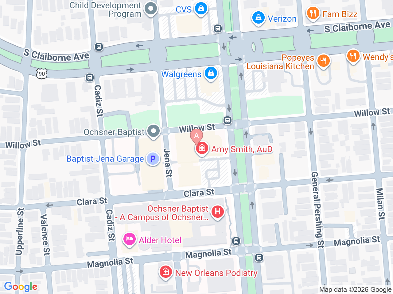 Map of Ochsner-affiliated facilities that provide services related to Functional Restoration Program at Ochsner Baptist