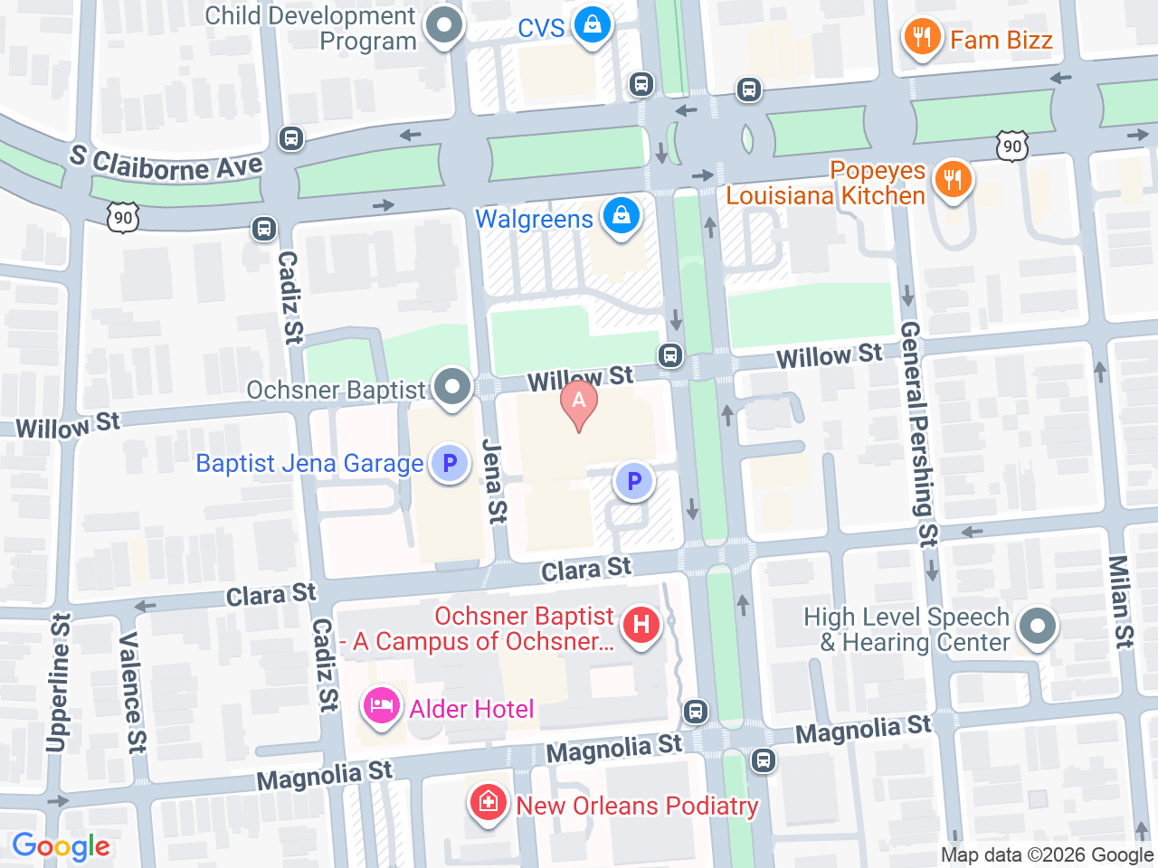 Map of Ochsner-affiliated facilities that provide services related to Functional Restoration Program at Ochsner Baptist