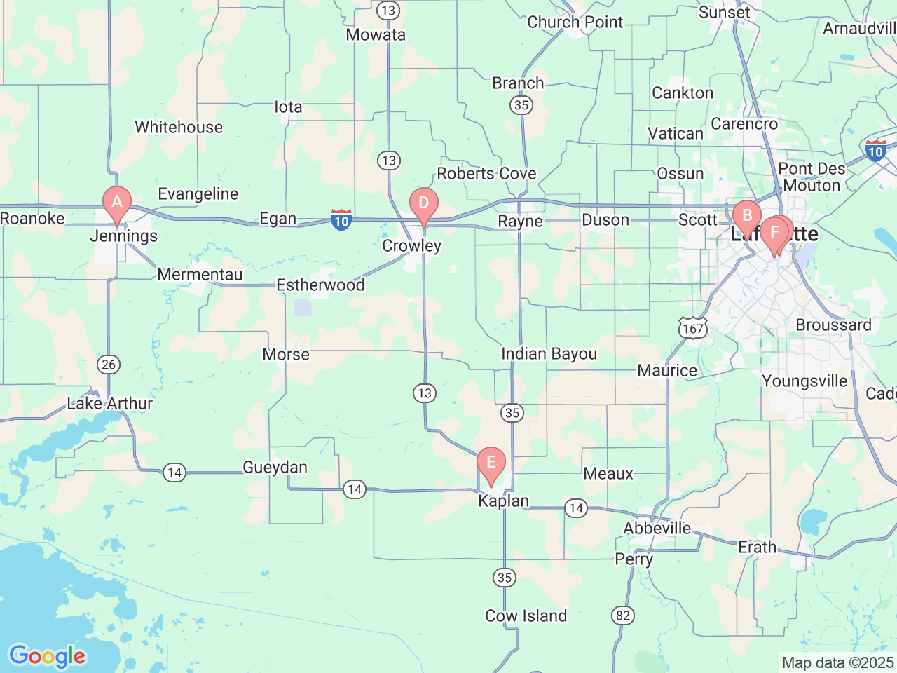 Map of Ochsner-affiliated facilities that provide services related to Gall Bladder Removal and Hernia Repair