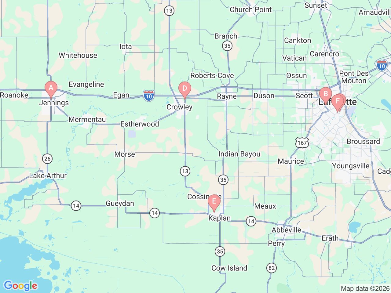 Map of Ochsner-affiliated facilities that provide services related to Gall Bladder Removal and Hernia Repair