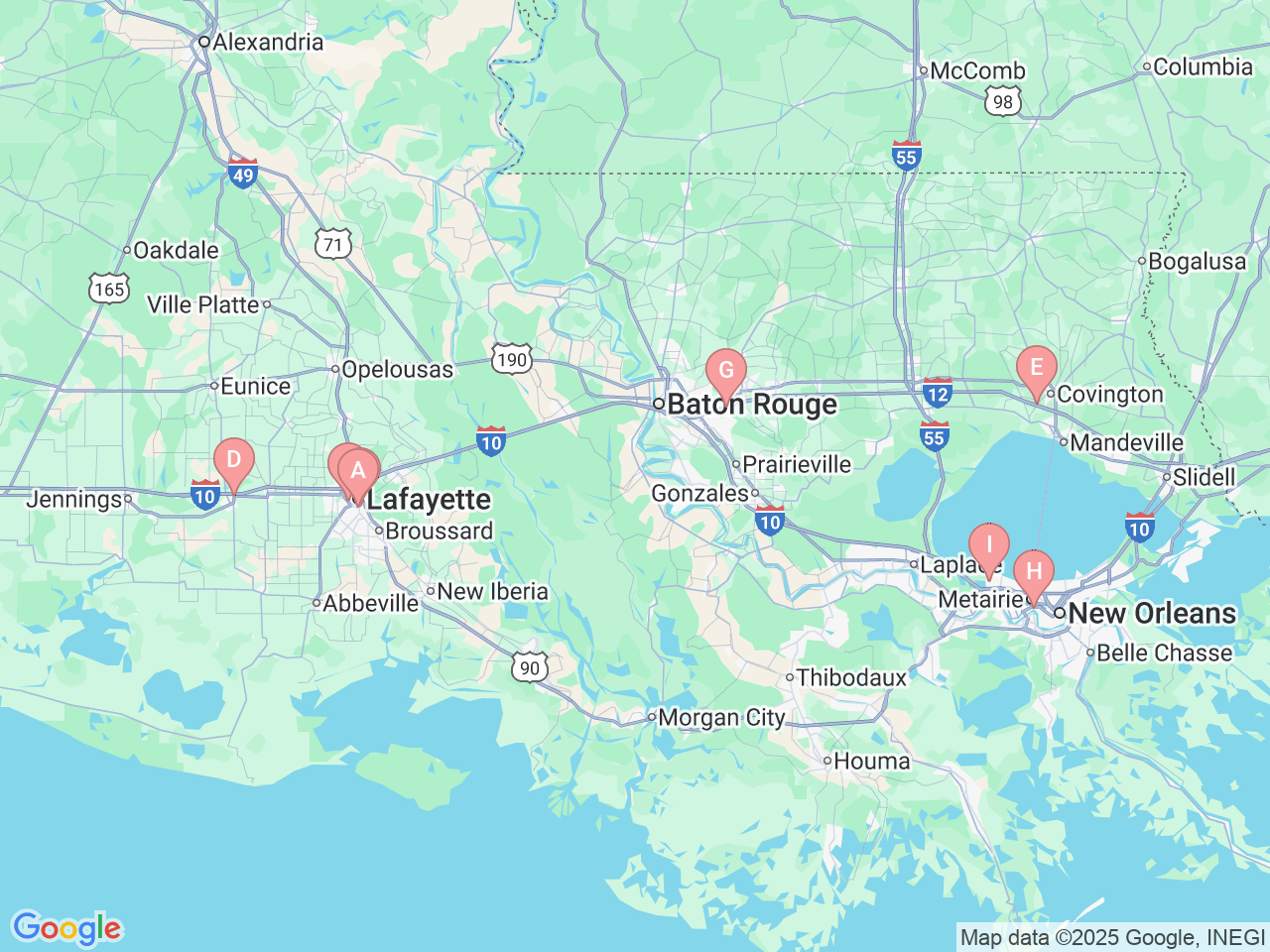 Map of Ochsner-affiliated facilities that provide services related to Gastrointestinal Cancer