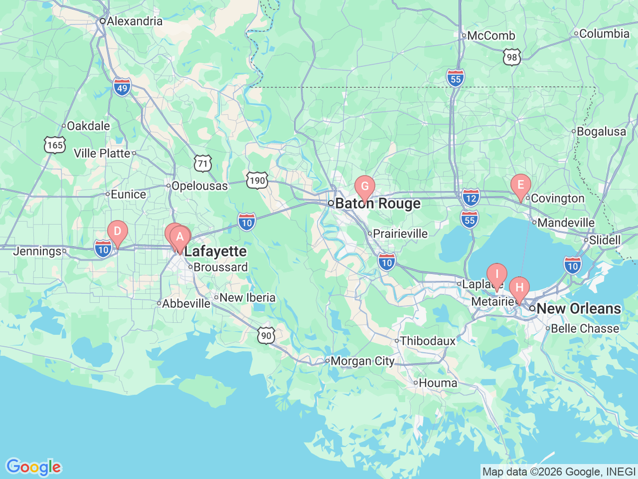 Map of Ochsner-affiliated facilities that provide services related to Gastrointestinal Cancer
