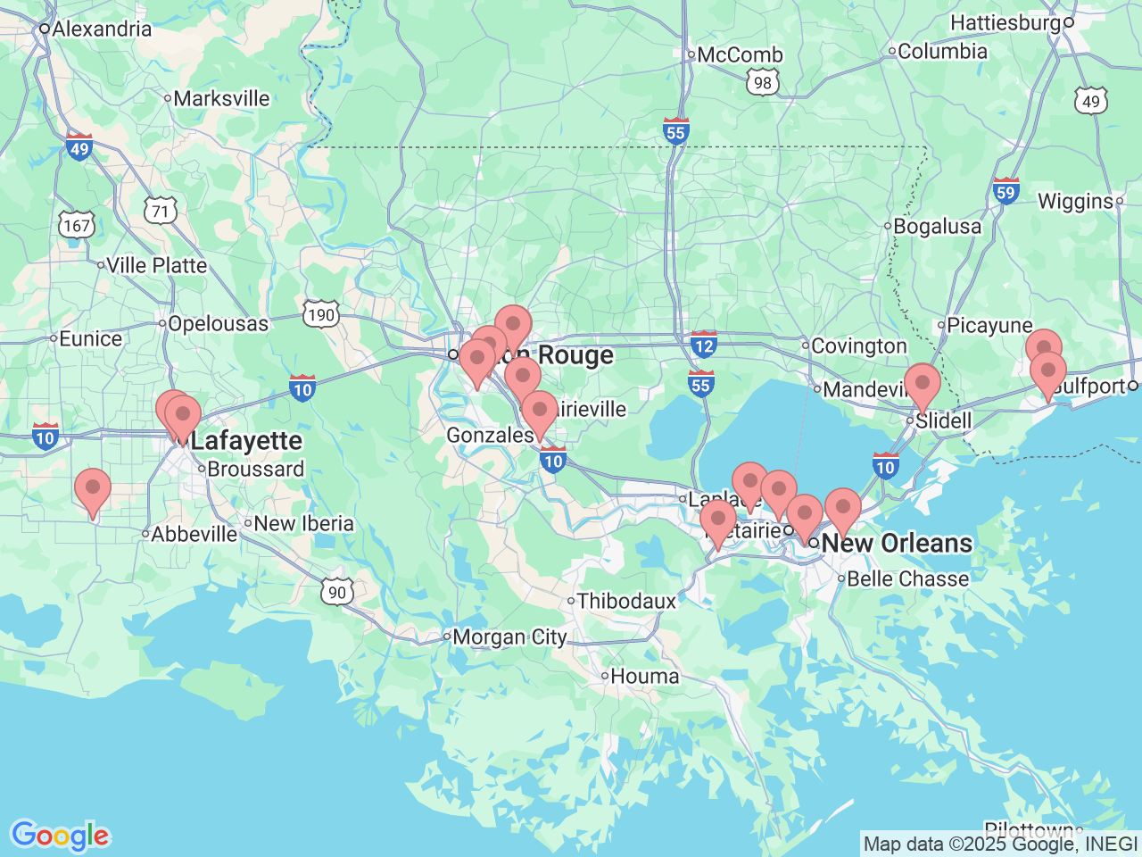 Map of Ochsner-affiliated facilities that provide services related to Gastroenterology