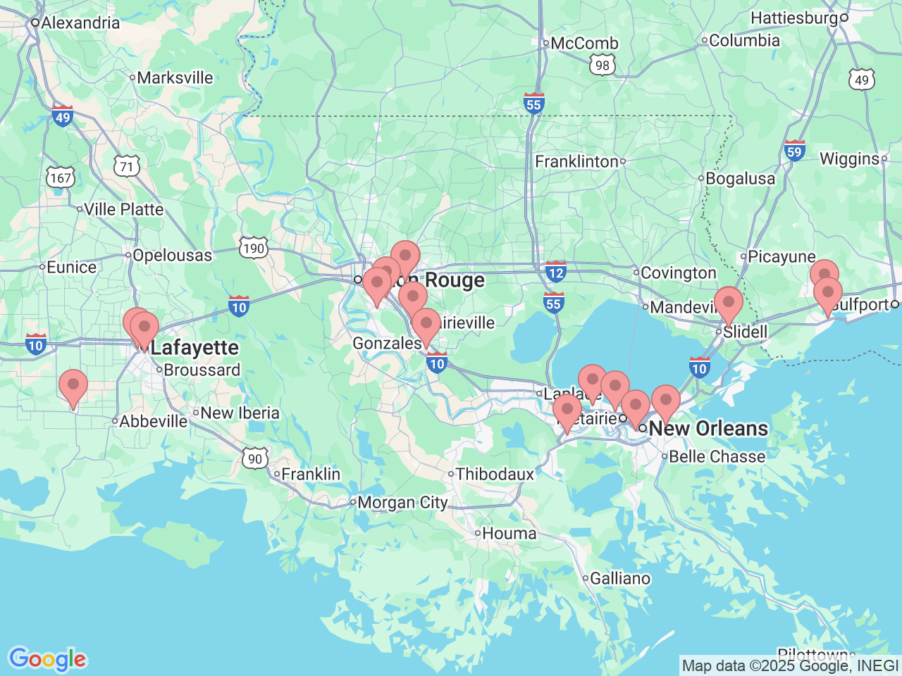 Map of Ochsner-affiliated facilities that provide services related to Gastroenterology