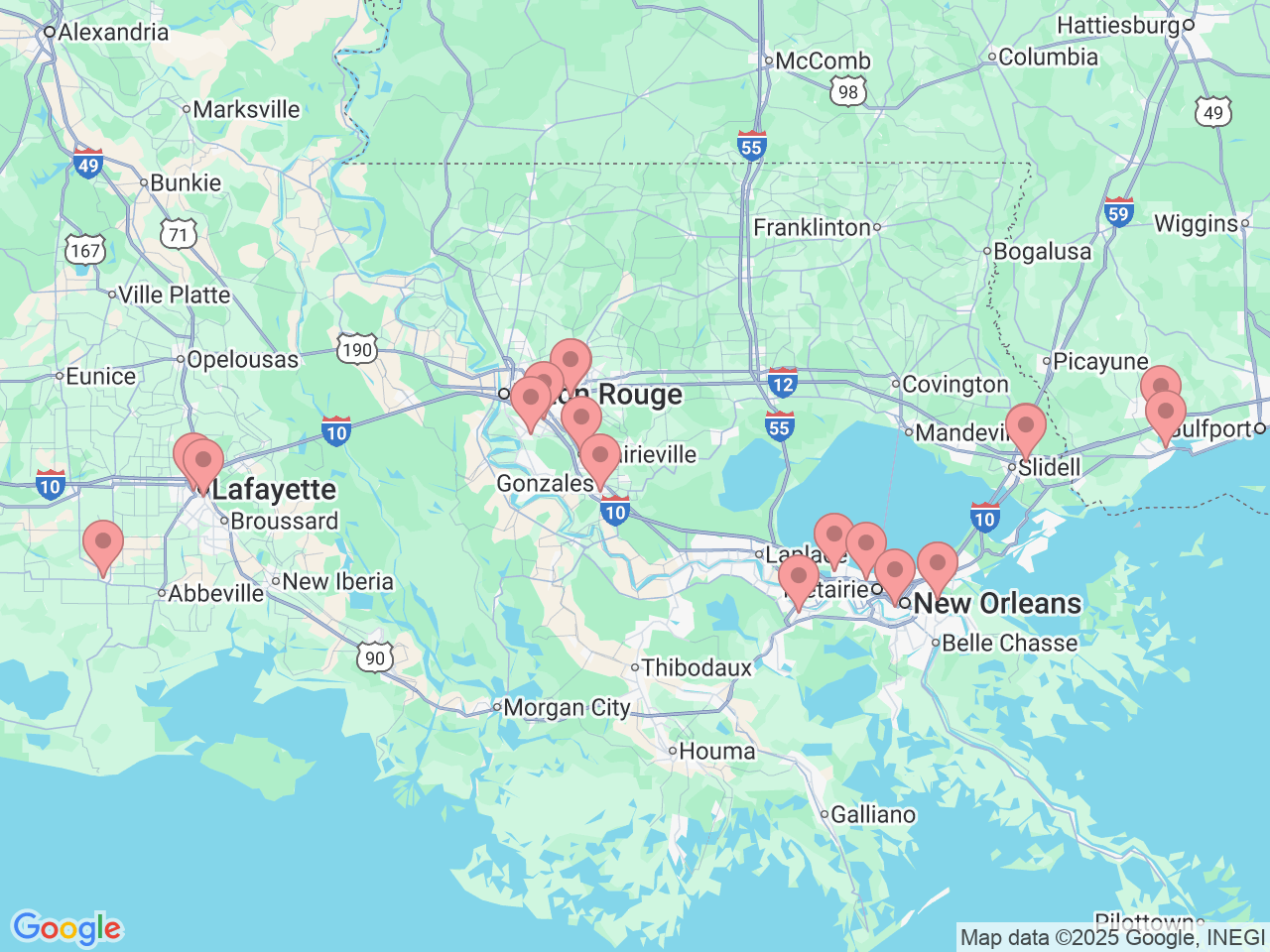 Map of Ochsner-affiliated facilities that provide services related to Gastroenterology