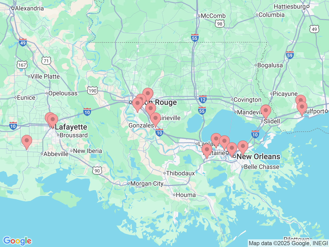 Map of Ochsner-affiliated facilities that provide services related to Gastroenterology