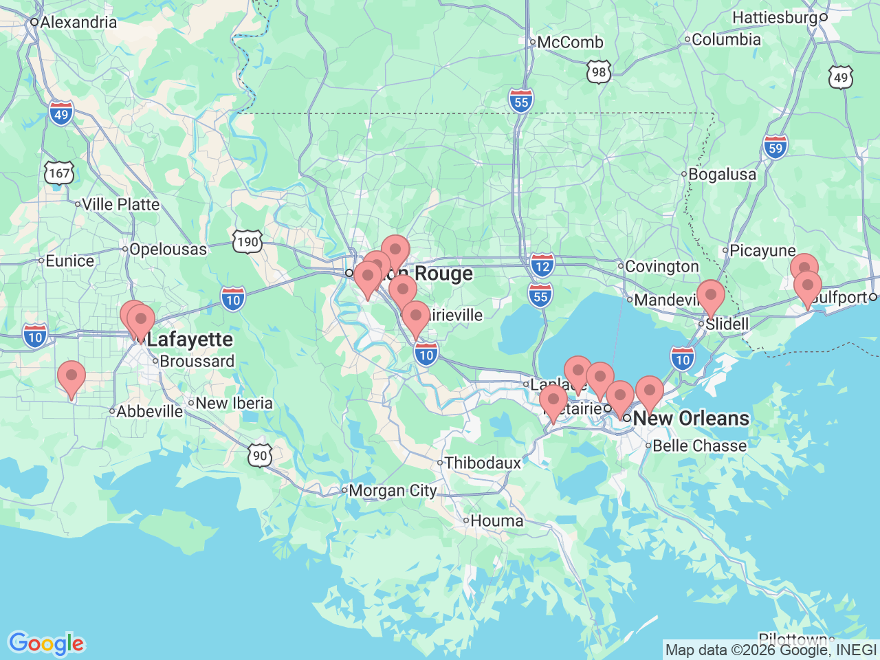 Map of Ochsner-affiliated facilities that provide services related to Gastroenterology