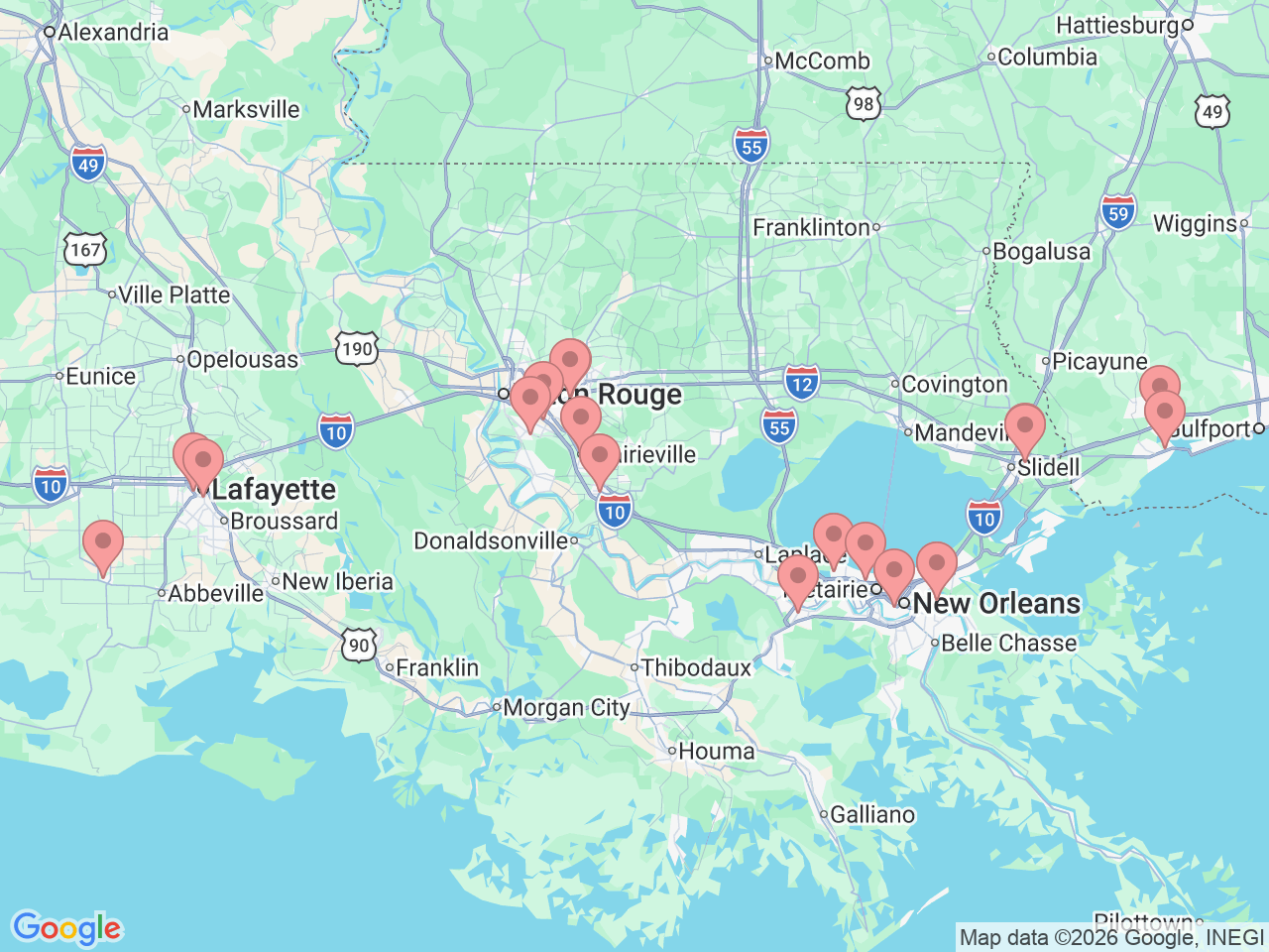 Map of Ochsner-affiliated facilities that provide services related to Gastroenterology