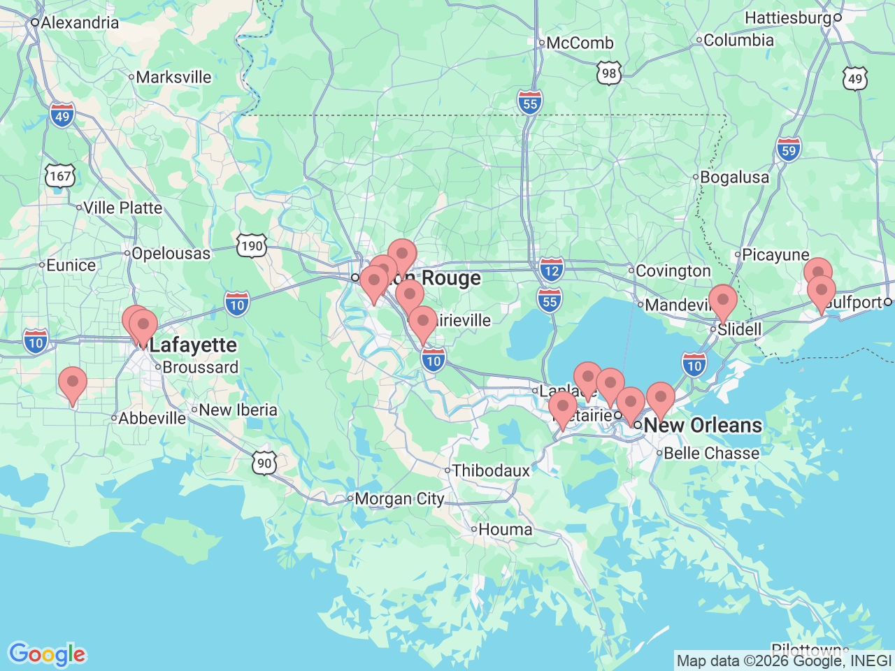 Map of Ochsner-affiliated facilities that provide services related to Gastroenterology