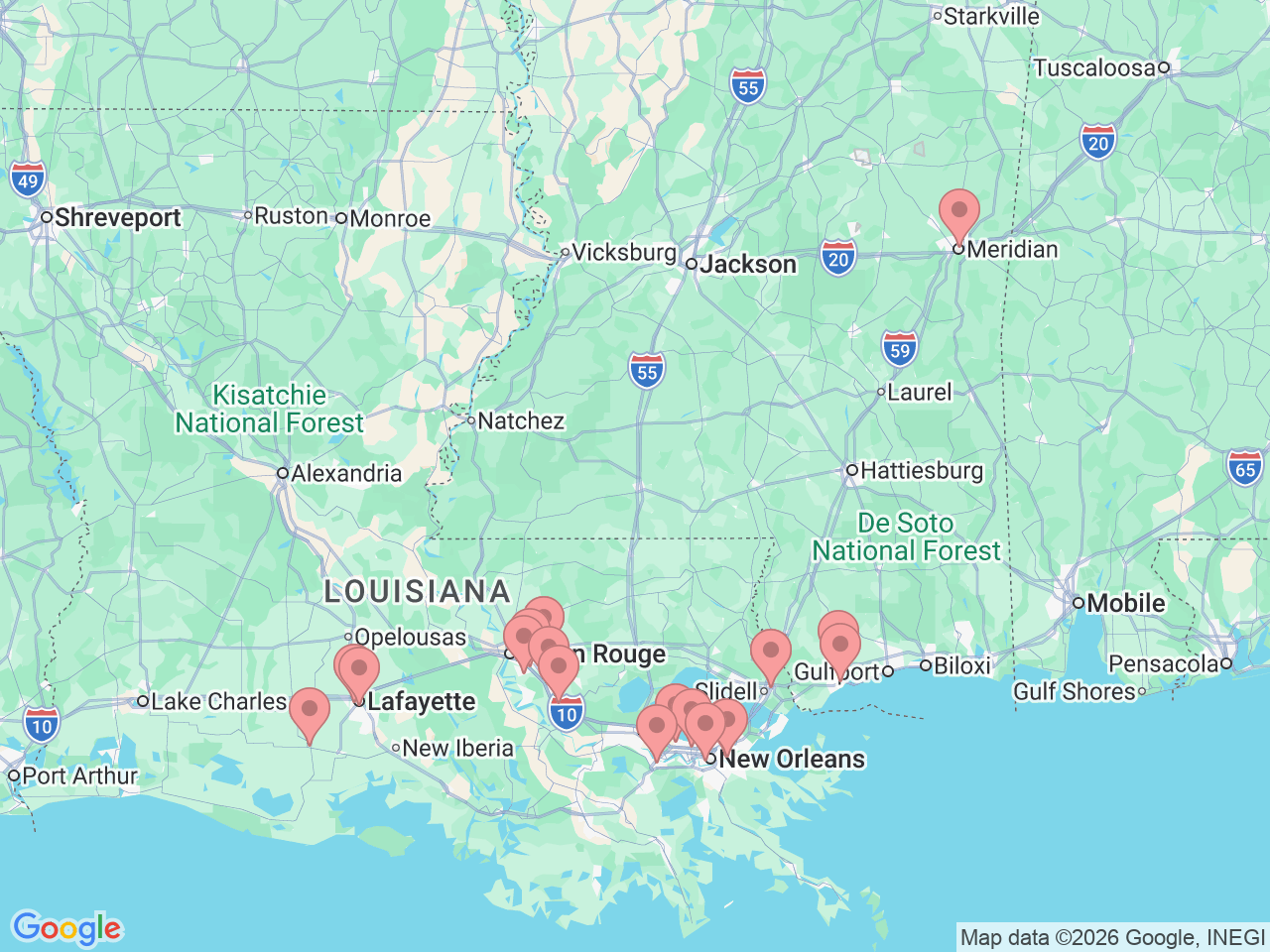 Map of Ochsner-affiliated facilities that provide services related to Gastroenterology