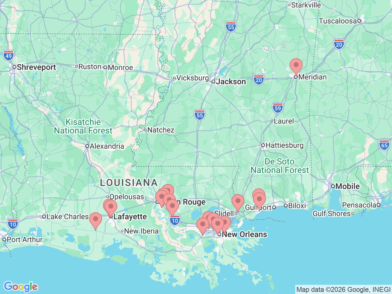 Map of Ochsner-affiliated facilities that provide services related to Gastroenterology