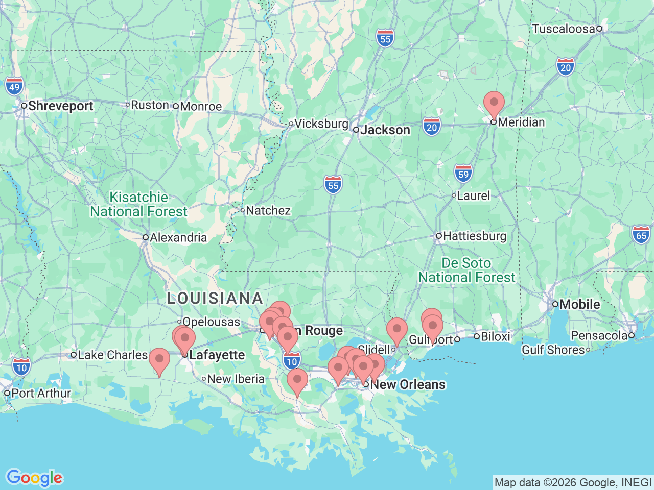 Map of Ochsner-affiliated facilities that provide services related to Gastroenterology