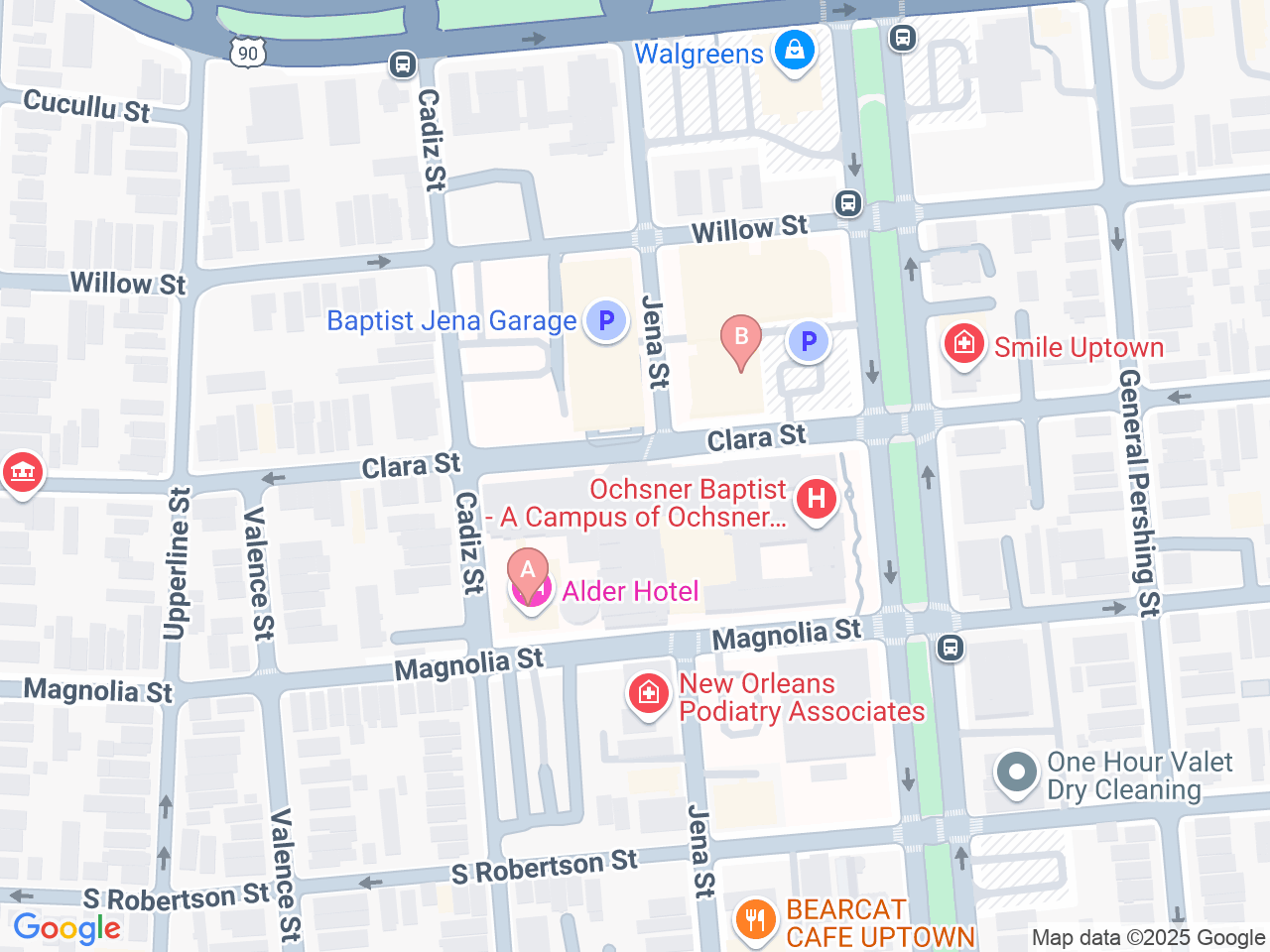 Map of Ochsner-affiliated facilities that provide services related to Gastroschisis