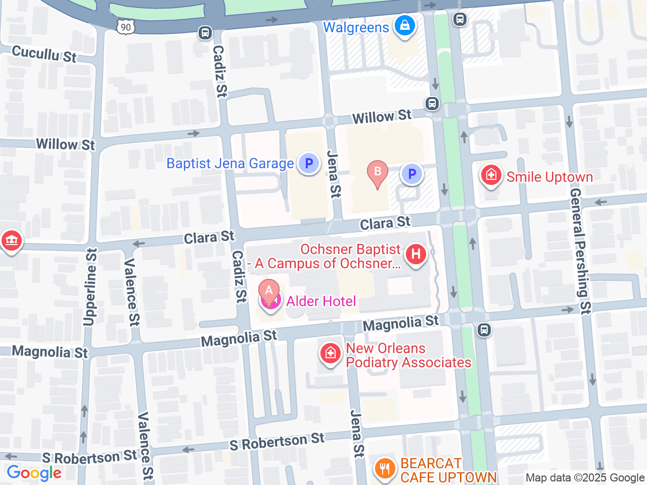 Map of Ochsner-affiliated facilities that provide services related to Gastroschisis