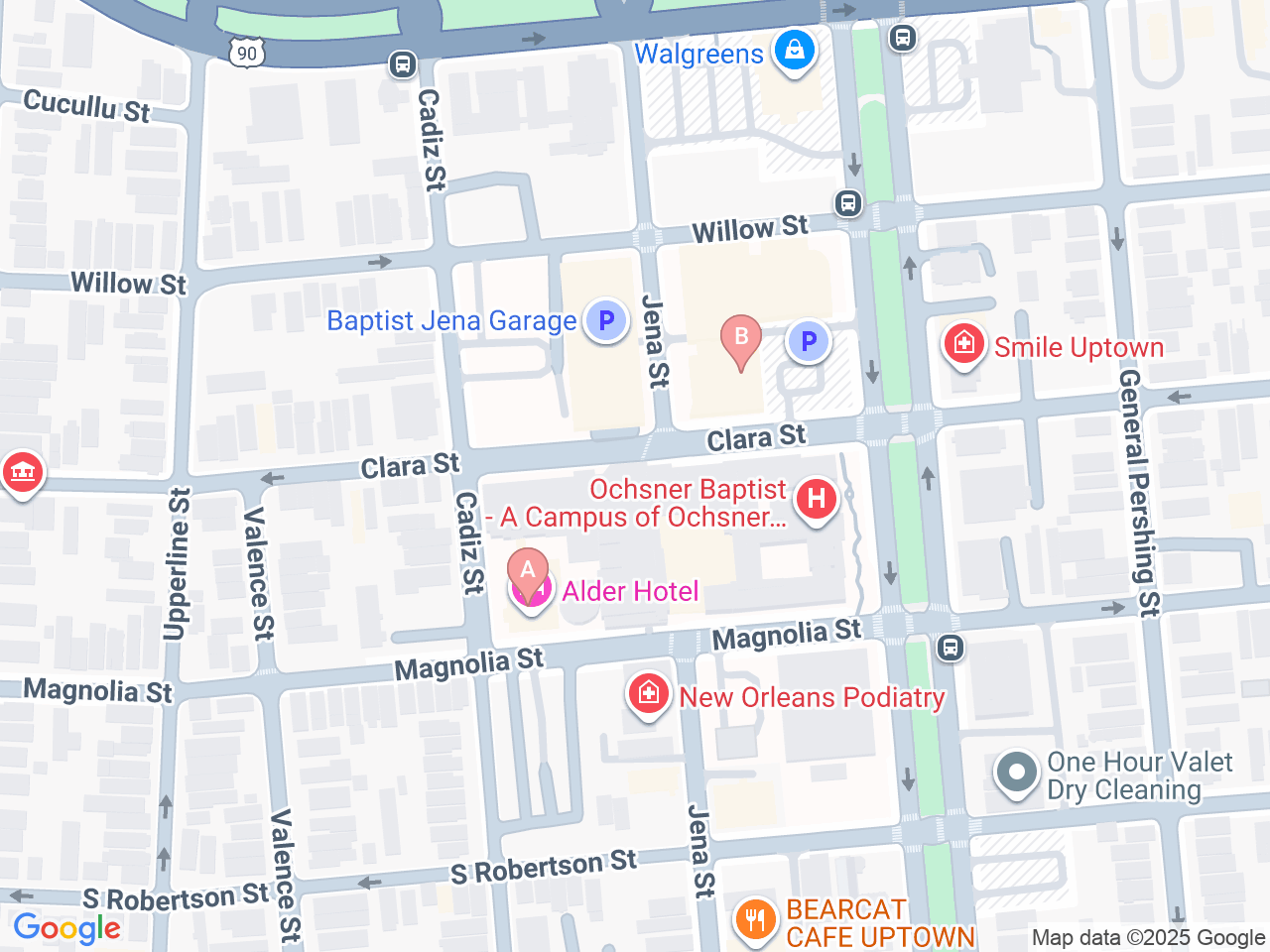 Map of Ochsner-affiliated facilities that provide services related to Gastroschisis