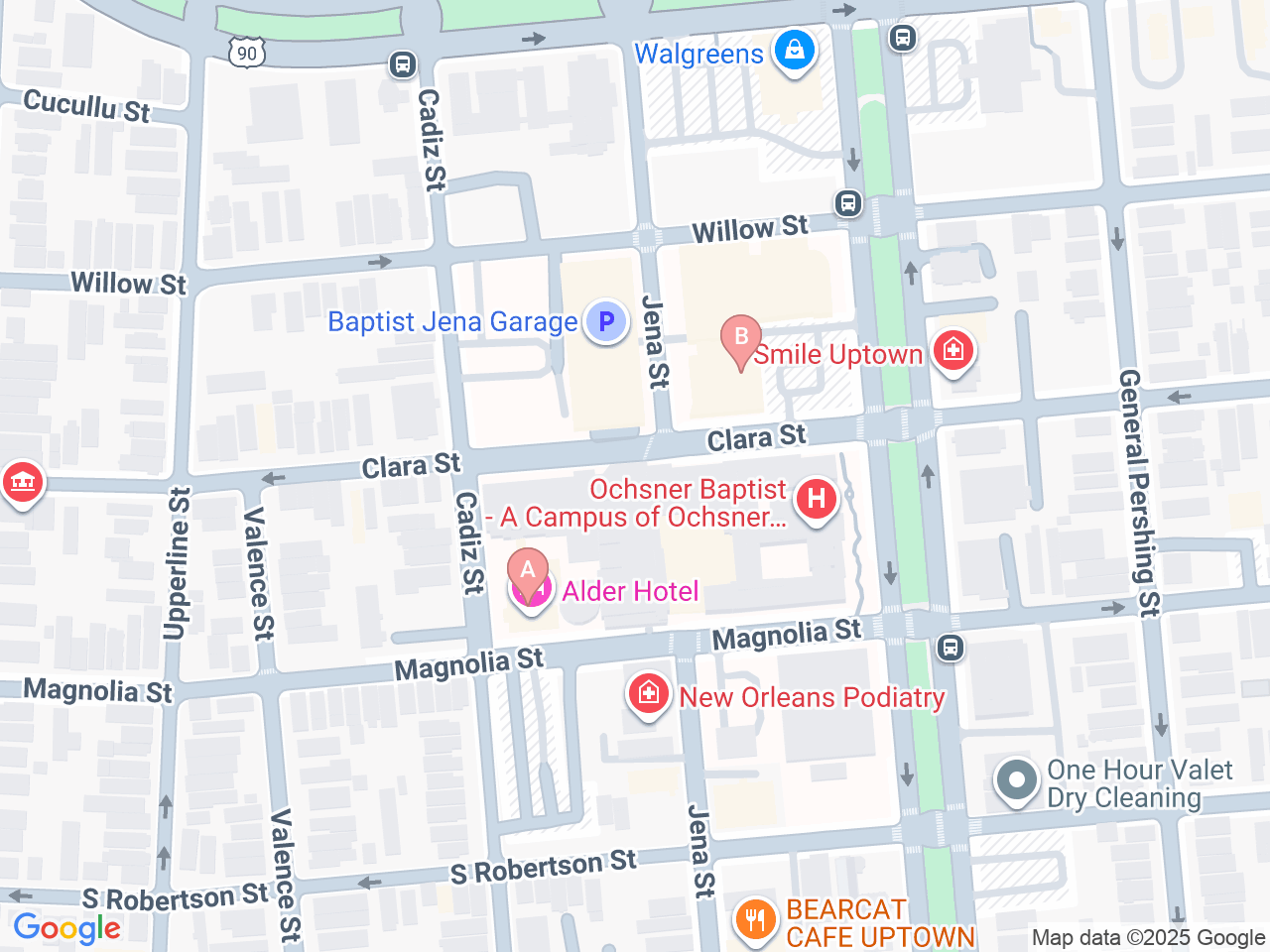 Map of Ochsner-affiliated facilities that provide services related to Gastroschisis
