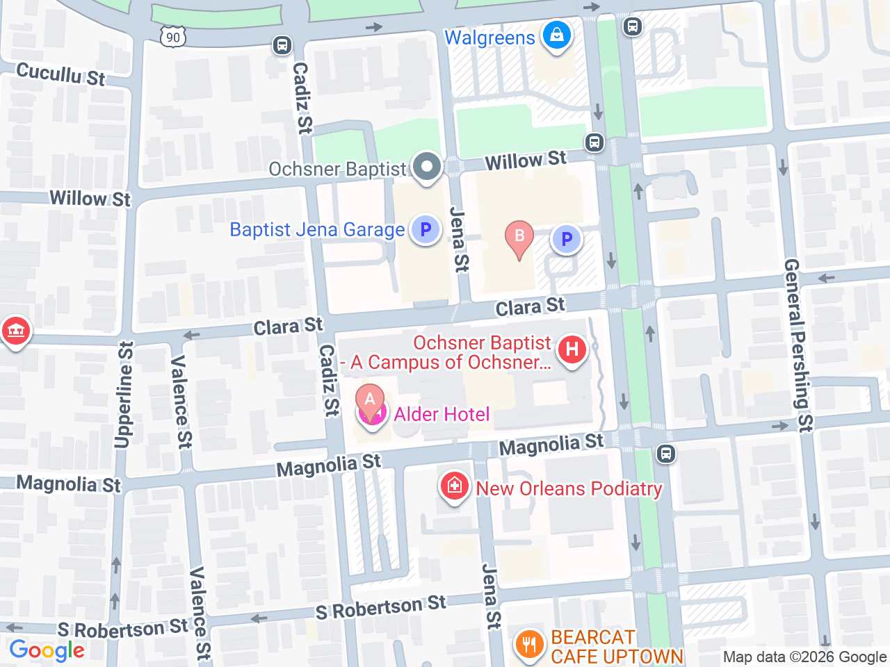 Map of Ochsner-affiliated facilities that provide services related to Gastroschisis