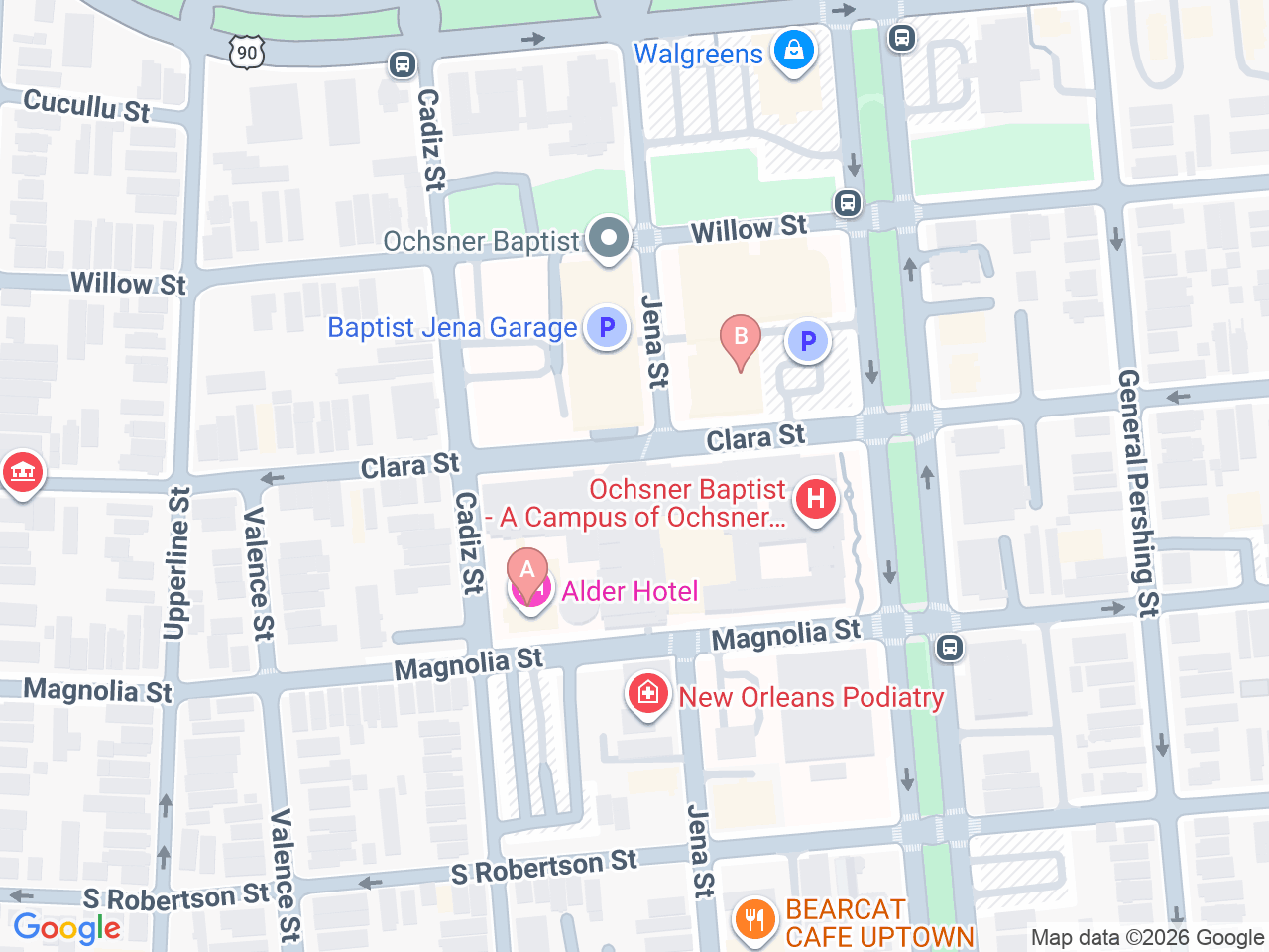 Map of Ochsner-affiliated facilities that provide services related to Gastroschisis