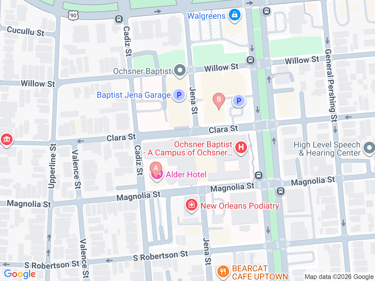 Map of Ochsner-affiliated facilities that provide services related to Gastroschisis