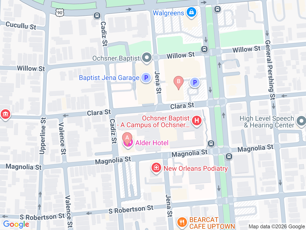 Map of Ochsner-affiliated facilities that provide services related to Gastroschisis